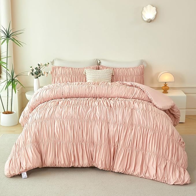 PERFEMET Blush Bed in a Bag King Size 5-Piece Boho Ruched Bedding Comforter Set Soft Luxury Fluffy Pleated Textured Pink Comforter Set with Sheets All Season Farmhouse Ruffled Bed Set(Blush, King)