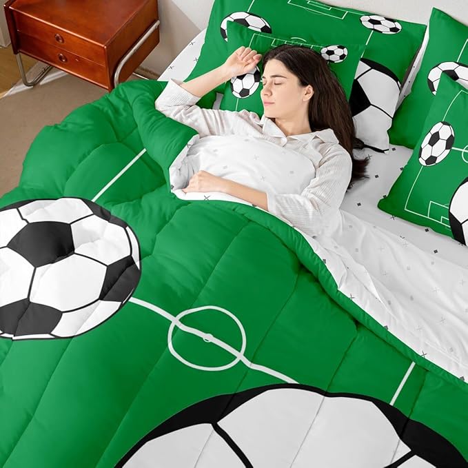 Erosebridal Football 7 Piece Bedding Set King Boys Sports Theme Comforter Set with Sheets Soccer Ball Pattern Playground Bed in a Bag Football Court Green White for Kids Boys Girls