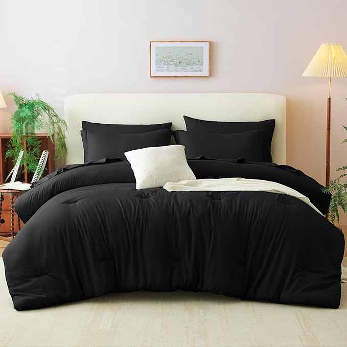 CozyLux Twin Comforter Set Black, 5 Pieces Bed in a Bag Twin Comforter Set with Sheets, All Season 5PC Bed Sets with Down Alternative Comforter, Fitted Sheet, Flat Sheet, Pillow Sham and Pillowcase