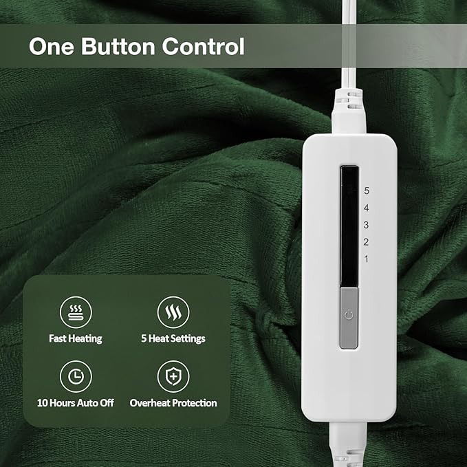 Electric Heated Blanket Twin Size 62"x84", Fast Heating Throw, Soft Plush Microplush for Bed & Couch, 10 Hours Auto Off & 5 Heating Levels, Machine Washable, Gifts for Grandma & Family-Green