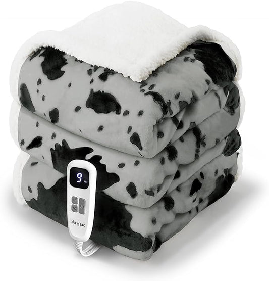 Cow Print Heated Blanket Twin-Heating Electric Blanket Twin with 10 Heat Levels & 10 Hours Auto-Off, Cozy Soft Fleece Sherpa, Washable, 62 x 84 Inche Cow Print Grey