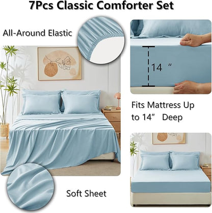 CozyLux King Size Comforter Set Light Blue - 7 Pieces Bed in a Bag King, Luxury Soft Bed Set for All Seasons, Bedding Set with Down Alternative Comforter, Sheets, Pillowcases & Shams