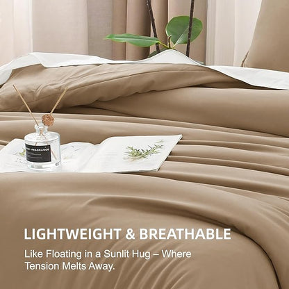 Litanika Taupe Comforter Set Queen Size, 3 Pieces Solid Bedding Comforter Set, All Season Fluffy Bed Set (90x90In Comforter & 2 Pillowcases)
