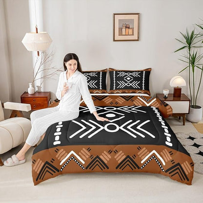 Western Aztec Bedding Set Queen Size, Native American Navajo Comforter Set for Boys Adult Teens, Southwestern Geometric Duvet Insert Ethnic American Native Quilt Rustic Farmhouse Decor, Black Brown