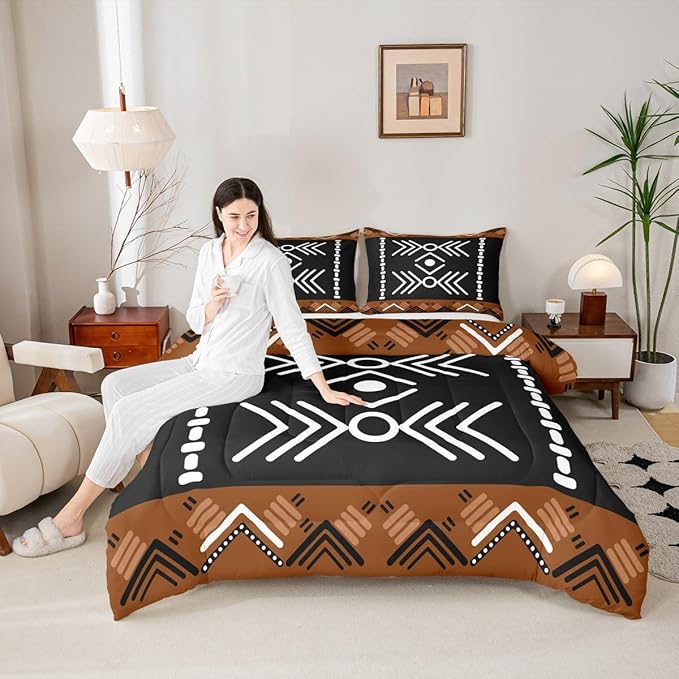 Western Aztec Bedding Set Toddler Size, Native American Navajo Comforter Set for Boys Adult Teens, Southwestern Geometric Duvet Insert Ethnic American Native Quilt Rustic Farmhouse Decor, Black Brown