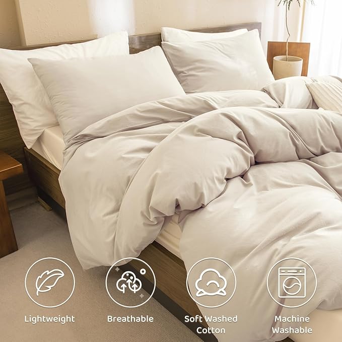 Sanracie Queen Size Comforter Set, Washed Cotton Linen Feel Bedding Comforter Sets 3 Pieces(1 Solid Wheat Colored Comforter +2 Pillowcases) Soft Lightweight Aesthetic Bedding Sets Queen All Season