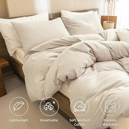 Sanracie Queen Size Comforter Set, Washed Cotton Linen Feel Bedding Comforter Sets 3 Pieces(1 Solid Wheat Colored Comforter +2 Pillowcases) Soft Lightweight Aesthetic Bedding Sets Queen All Season