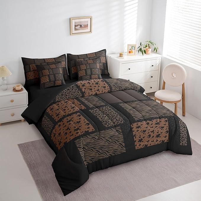 Wildlife Fur Splicing Print Comforter Set Full Size,Leopard Cheetah Zebra Cattle Bedding Set,Animals Skin Bed Set 7 Pieces(Comforter+Fitted+Flat Sheet+Pillowcase+Pillow Cover)