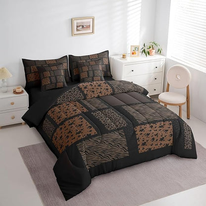 Wildlife Fur Splicing Print Comforter Set Full Size,Leopard Cheetah Zebra Cattle Bedding Set,Animals Skin Bed Set 7 Pieces(Comforter+Fitted+Flat Sheet+Pillowcase+Pillow Cover)