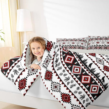 Aztec GeometricComforter Set King Size,Rustic Farmhouse Wolf Kids Bedding Set,Pine Tree Country Quilt Comforter,Red Black Duvet Insert,2 Pillowcases