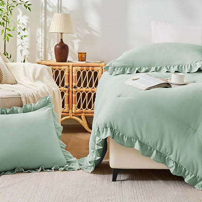 FUANNA Full Size Comforter Sets Sage Green, 3 Pieces Ruffle Full Size Bedding Sets, Fluffy Bed in a Bag Full for All Seasons, Shabby Chic Full Bed Set with 1 Lightweight Comforter & 2 Pillowshams