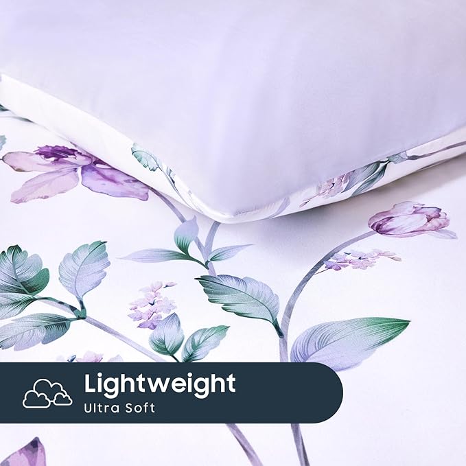 Wake In Cloud - Floral Comforter Set, Cottagecore Cottage Rustic Farmhouse Style with Botanical Flowers and Leaves Pattern, Soft Lightweight Bedding, 3-Piece, Purple White, Full Size