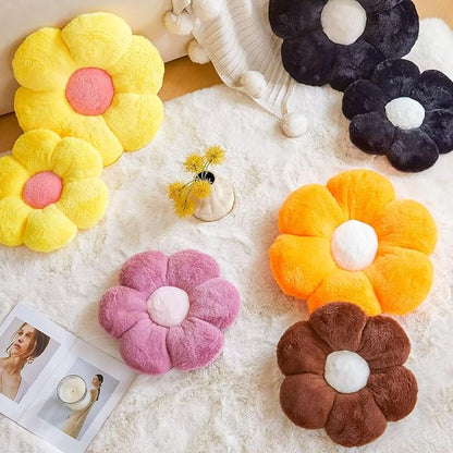 Brown Flower Pillow Cute Decorative Flower Throw Pillow with Faux Rabbit Fur 19.6" Soft Daisy Plush Floor Cushion Aesthetic Room Decor for Bed Sofa Couch