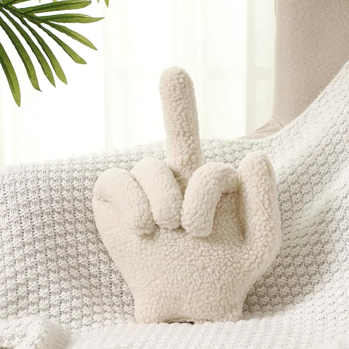 Menkxi Small Middle Finger Decorative Pillow 13.78 x 9.84 in Funny Shaped Sherpa Fleece Throw Pillow Warm Soft Emoticon Cushion Middle Finger Decor for Couch Gag Gift(Ivory)