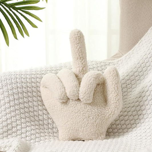 Menkxi Small Middle Finger Decorative Pillow 13.78 x 9.84 in Funny Shaped Sherpa Fleece Throw Pillow Warm Soft Emoticon Cushion Middle Finger Decor for Couch Gag Gift(Ivory)