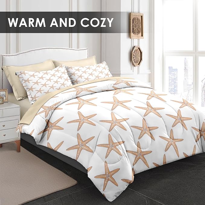 Comforter Set Full Size, Boho Sea Shells 7 Pcs Bedding for Kids and Adults, Nautical Beach Summer Bed Sheet Sets with Fitted Sheet 2 Pillowcases & 2 Shams for Bedroom Bed Decor
