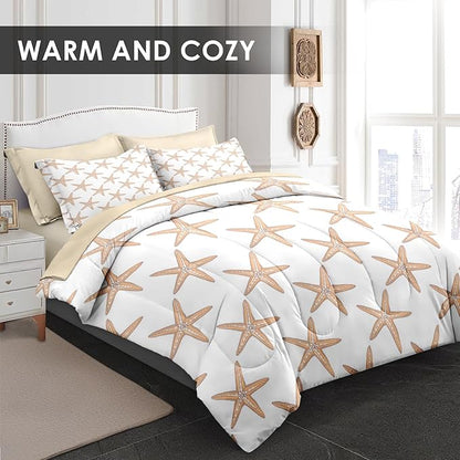 Comforter Set Full Size, Boho Sea Shells 7 Pcs Bedding for Kids and Adults, Nautical Beach Summer Bed Sheet Sets with Fitted Sheet 2 Pillowcases & 2 Shams for Bedroom Bed Decor