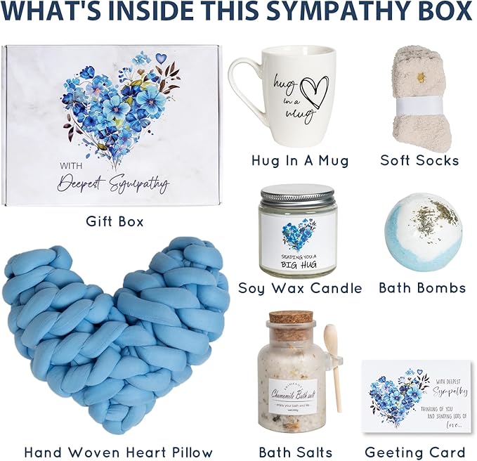 Sympathy Gift Baskets, Condolences Memorial Gifts for Bereavement Grief - Sorry for Your Loss Thinking of You Box, Grieving Care Package for Women Men Friends, in Memory of Loved One(Blue Pillow)