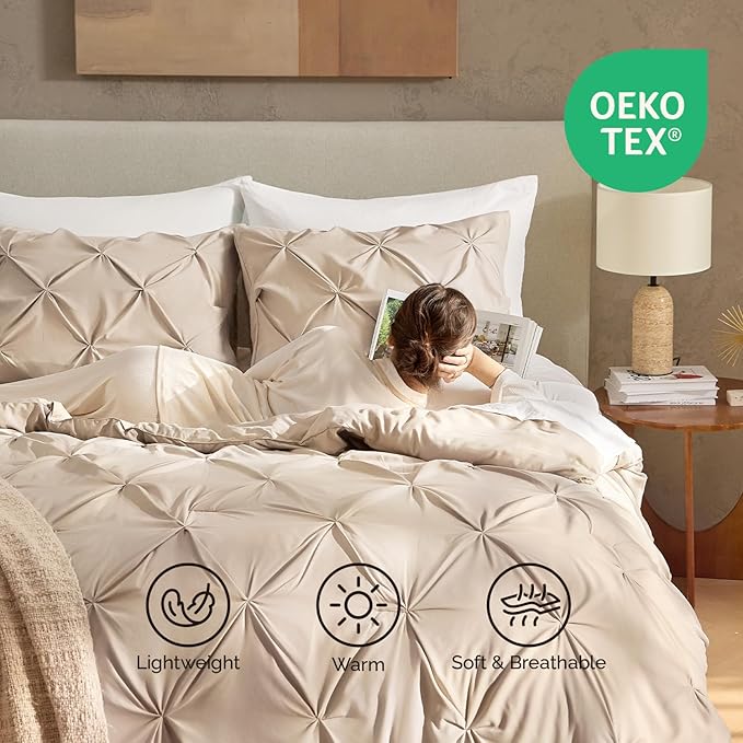 Andency Wheat Comforter Twin(66x90Inch), 2 Pieces(1 Pintuck Comforter, 1 Pillowcase) Microfiber Pinch Pleat Comforter Set Twin Size, Lightweight and Soft All Season Bedding Comforter Sets