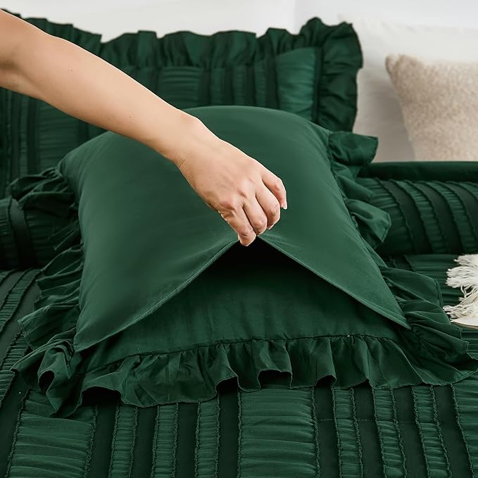 WONGS BEDDING King Size Comforter,Christmas Emerald Green Boho Comforter Set King,Shabby Chic Bedding Set for Bed, 3 Pieces Soft Lightweight Farmhouse Comforter for All Season 104"×90"