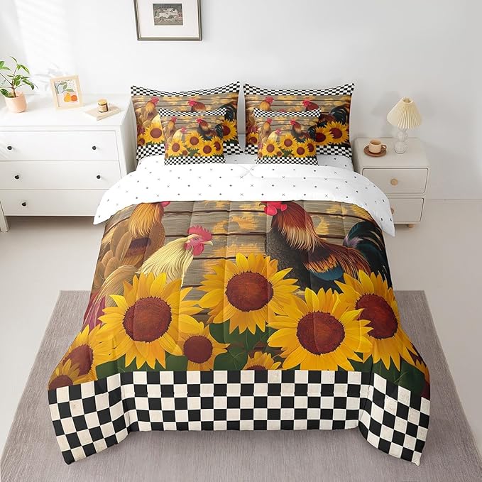 Erosebridal 7 Pcs Rooster Comforter Set King Size,Rustic Chick Sunflower Bed in a Bag with Flat Fitted Sheet for Kids and Adults,Farm Plaid Wooden Bedding Set with Pillowcases and Cushion Cases