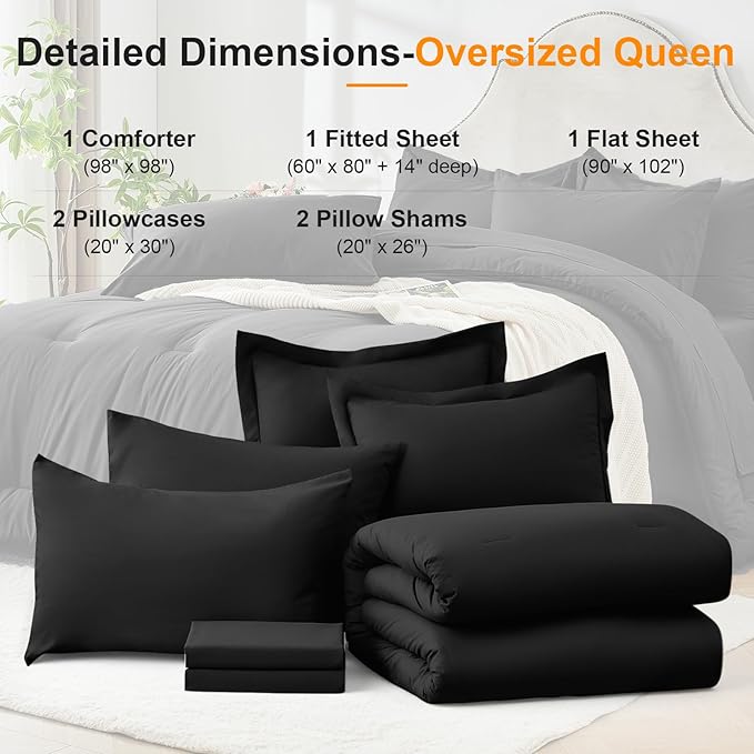 Oversized Queen Comforter Set 7 Pieces - Ultra-Soft Bed in a Bag, Cozy Luxury All Season Bedding Sets with Comforter, Flat Sheet, Fitted Sheet, 2 Pillow Shams & 2 Pillowcases, Black