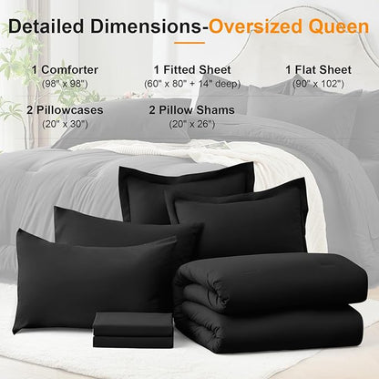 Oversized Queen Comforter Set 7 Pieces - Ultra-Soft Bed in a Bag, Cozy Luxury All Season Bedding Sets with Comforter, Flat Sheet, Fitted Sheet, 2 Pillow Shams & 2 Pillowcases, Black