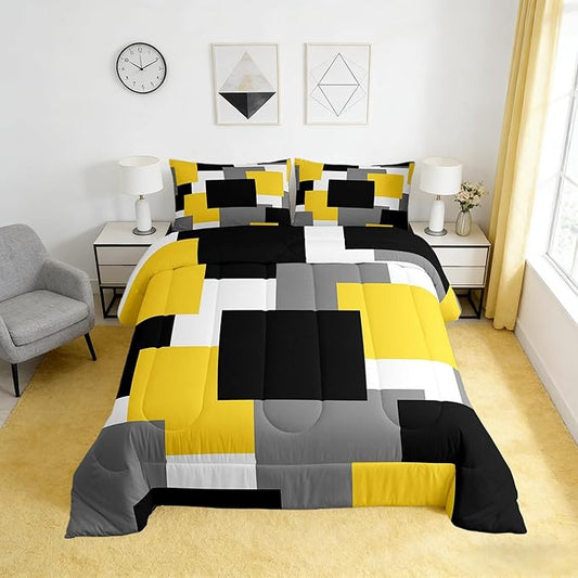 Castle Fairy Yellow Black Grey Boys Kids Comforter Set Full Size,Modern Abstract Duvet Set Room Decor,Geometric Square Splicing Brushed Microfiber Soft Bedding Comforter.3 Pcs