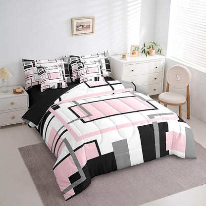 Erosebridal 7Pcs Pink and Black King Comforter Set,Modern Square Geometric Bed in A Bag for Adults,Mid Century Minimalist Abstract Quilt,Aesthetics Art Contemporary Stripes Bedding with Bed Sheets