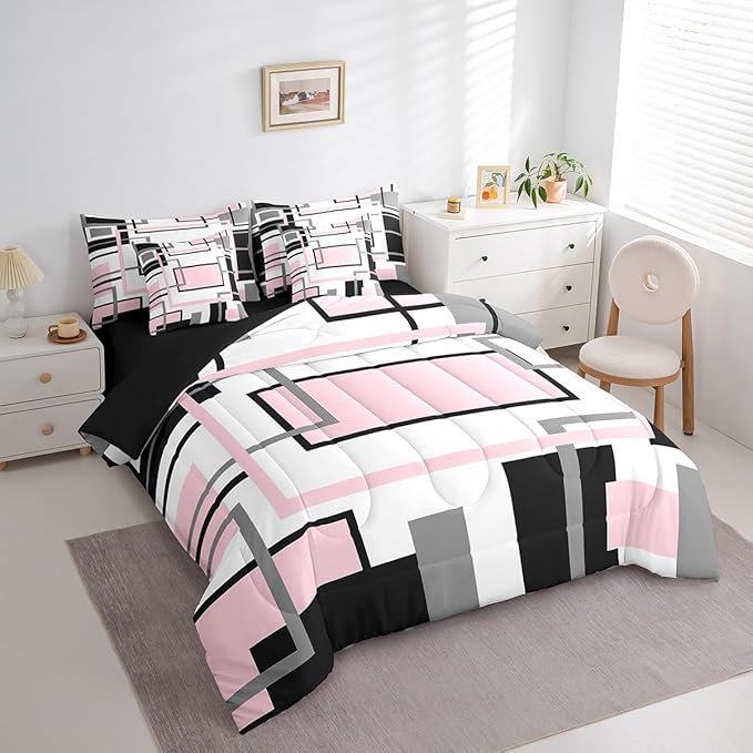 Erosebridal 7Pcs Pink and Black Full Comforter Set,Modern Square Geometric Bed in A Bag for Adults,Mid Century Minimalist Abstract Quilt,Aesthetics Art Contemporary Stripes Bedding with Bed Sheets