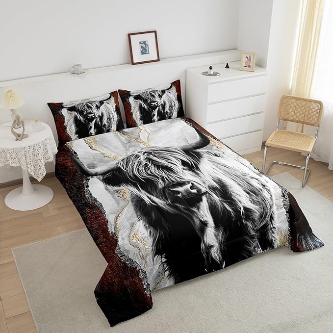 Erosebridal Highland Cow Comforter Set Bull Cattle Bedding Set,Gold Grey Marble Quilted Comforter for Kids Boys Men Wildlife Farmhouse Cow Fur Down Comforter Soft All Season Comforter Set Twin Size
