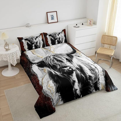 Erosebridal Highland Cow Comforter Set Bull Cattle Bedding Set,Gold Grey Marble Quilted Comforter for Kids Boys Men Wildlife Farmhouse Cow Fur Down Comforter Soft All Season Comforter Set Twin Size