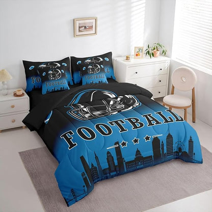 Erosebridal American Soccer 7 Piece Bedding Set Football City Twin Comforter Set with Sheets for Kids Boys Teen,Rugby Sports Games Bed in A Bag Black Blue Sheet Set with Comforter