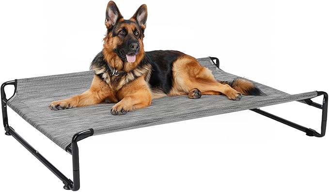 Veehoo Raised Dog Beds for Large Dogs, Washable Dog Cot with Headrest Sides, Outdoor Elevated Dog Bed with Non-Skid Feet, Breathable Mesh, Cooling Pet Hammock for Indoor or Camping, 49", Black Silver