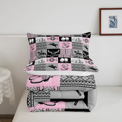 Western Comforter Set Queen Size,Cowgirl Bull Skull Cactus Print Bedding Set,Grey Pink Patchwork Plaid Striped Quilt Set for Kids Girls Women Boys Room Decor,Rustic Country Duvet Insert 3Pcs