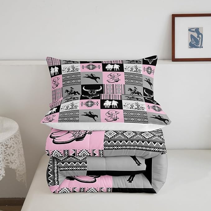Western Comforter Set Twin Size,Cowgirl Bull Skull Cactus Print Bedding Set,Grey Pink Patchwork Plaid Striped Quilt Set for Kids Girls Women Boys Room Decor,Rustic Country Duvet Insert 2Pcs