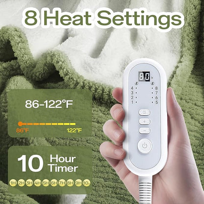 Heated Blanket Electric Blanket Full Size Fuzzy Fleece, 72" x 84" Soft Fluffy Fast Heating Blanket 8 Heating Levels & 10 Hours Auto Off with ETL & FCC Certification, Green