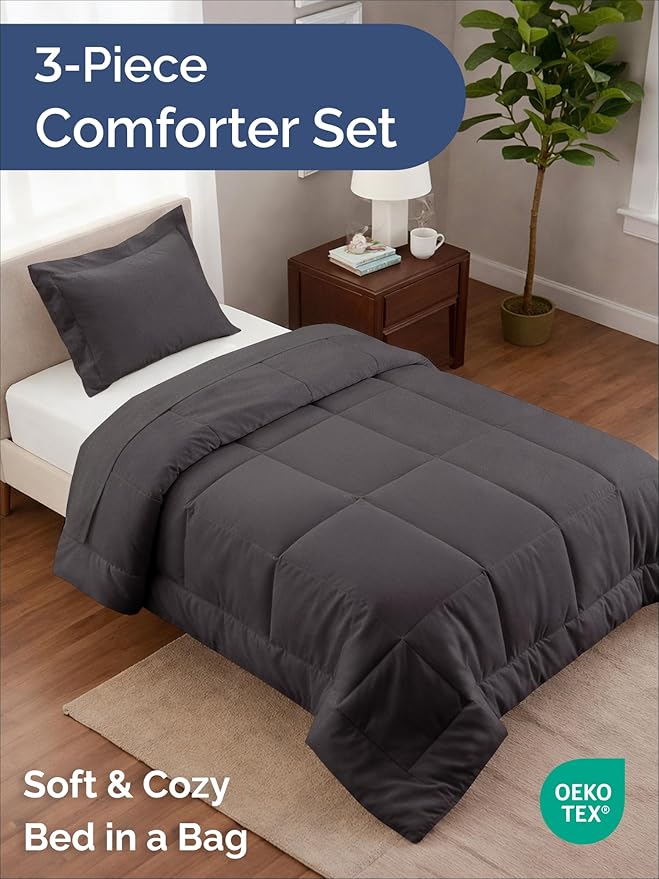 Twin XL Comforter Set - 2 Piece Bed Set for All Seasons - 1 Soft Quilted Comforter w/ Corner Tabs & 1 Pillow Sham - Comfy & Breathable - Premium Down Duvet Insert - Oeko-TEX - Twin XL Size, Dark Grey