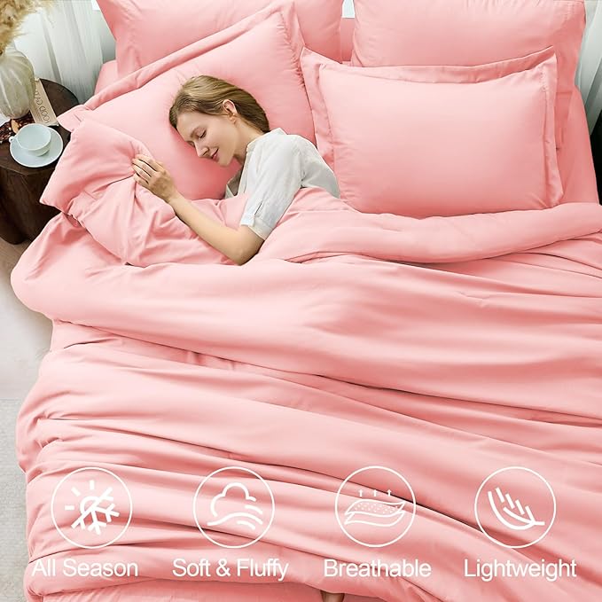 FUANNA Queen Comforter Set Pink, 7 Pieces Soft Bedding Sets Queen Size, All Season Lightweight Bed in a Bag with Comforter, Flat Sheet, Fitted Sheet, Pillowcases & Shams