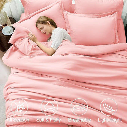 FUANNA Queen Comforter Set Pink, 7 Pieces Soft Bedding Sets Queen Size, All Season Lightweight Bed in a Bag with Comforter, Flat Sheet, Fitted Sheet, Pillowcases & Shams