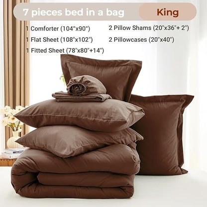 MUXHOMO 7 Pieces King Comforter Set, Soft Bed in a Bag King Size, All Season Bedding Set with Comforter, Flat Sheet, Fitted Sheet, Pillowcases & Shams, Brown