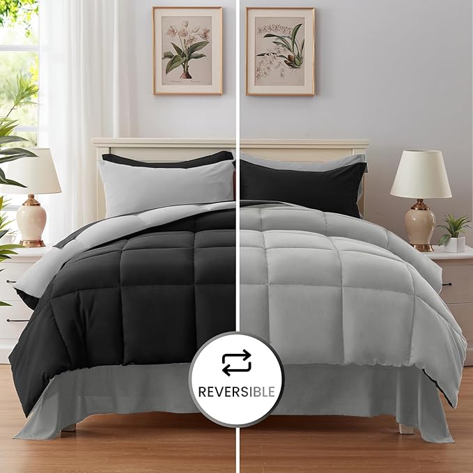 Anluoer California King Size Bed in a Bag 7 Pieces,Black and Grey Cal King Comforter Set with Sheets,All Season Bedding Sets with Comforter,Pillow Shams,Pillowcases,Flat Sheet,Fitted Sheet