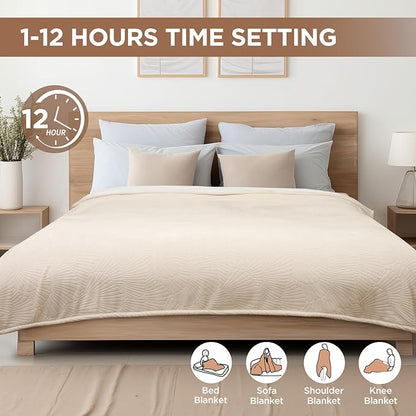 Westinghouse Twin Size Heated Blanket, Electric Blanket Twin with 10 Heating Levels and 1-12 Hours Auto-Off, Flannel to Sherpa Reversible, Flower Jacquard Heated Blanket, 62 x 84 inch, Beige