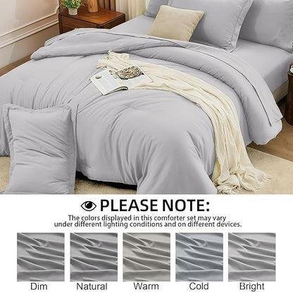 FUANNA Queen Comforter Set Light Grey, 7 Pieces Soft Bedding Sets Queen Size, All Season Lightweight Bed in a Bag with Comforter, Flat Sheet, Fitted Sheet, Pillowcases & Shams