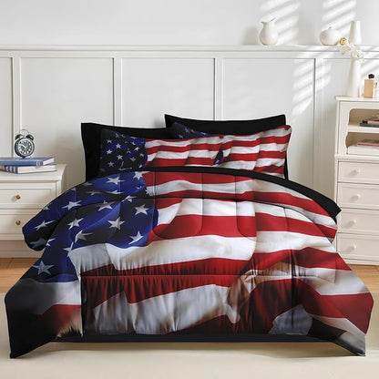 Nesker 7 Pcs Comforter Set Full Size, Patriotic American Flag Bedding Set for Kids and Adults, Blue Red and White Federations Stars Bed Sheet Sets with Fitted Sheet 2 Pillowcases & 2 Shams