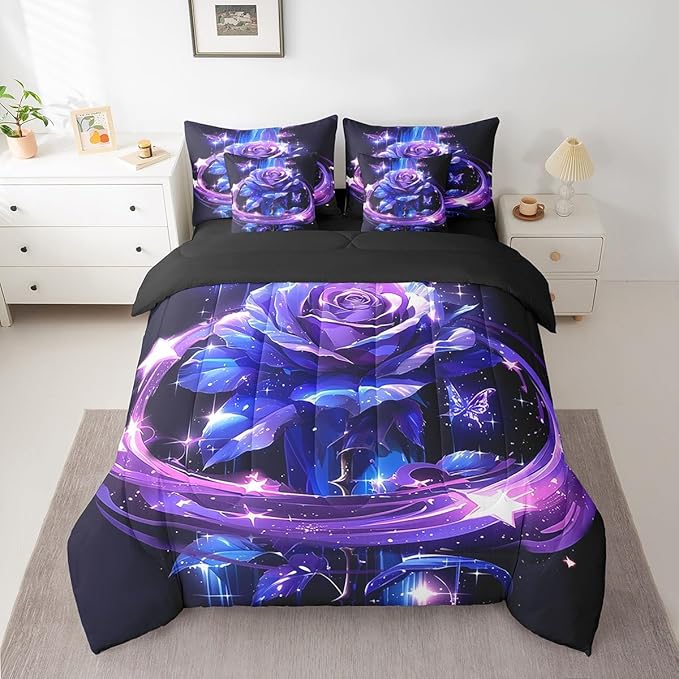 Erosebridal Purple Blue Rose Twin Bed in a Bag 7 Piece,Romantic Flowers Rose Comforter Set with Sheets,Trippy Butterfly Floral Bedding Set Wedding Valentines Day Gifts for Women Girls Girlfriend