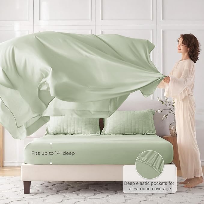 MUXHOMO 7 Pieces California King Comforter Set, Seersucker Bed in a Bag Cal King Size, All Season Luxury Bedding Set with Comforter, Flat Sheet, Fitted Sheet, Pillowcases & Shams, Light Green