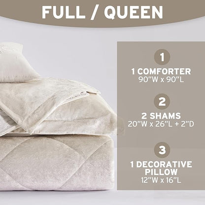 Intelligent Design Queen Comforter Set Velvet Comforters Queen Bedding Reversible, All Season, Diamond Quilted Bedding Microfiber Queen Size Comforters, Felicia, Full/Queen, Champagne 4 Piece