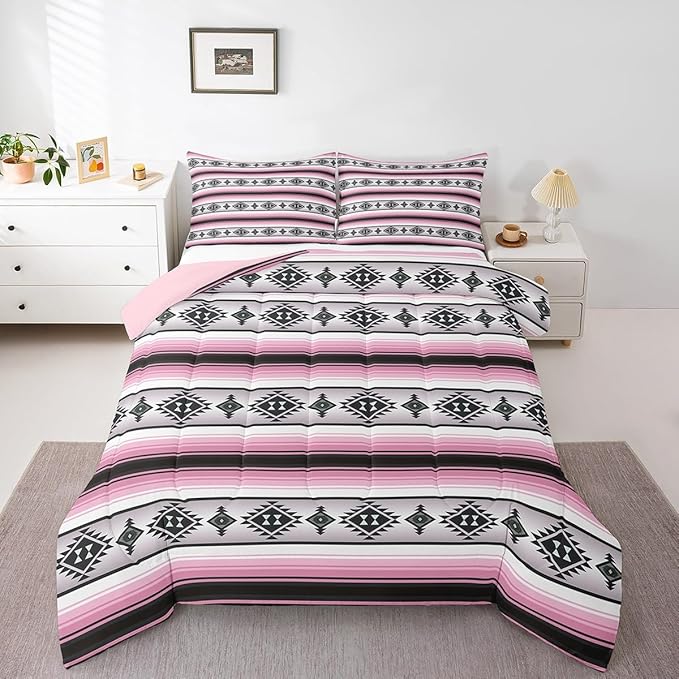 Erosebridal Girls Boho Comforter Set Toddler Pink Black Geometric Aztec Stripes Bedding Comforter Sets Western Bohemian Bedding Set for Kids Teen Women,Southwest Ethnic Tribal Mexican Quilt Duvet