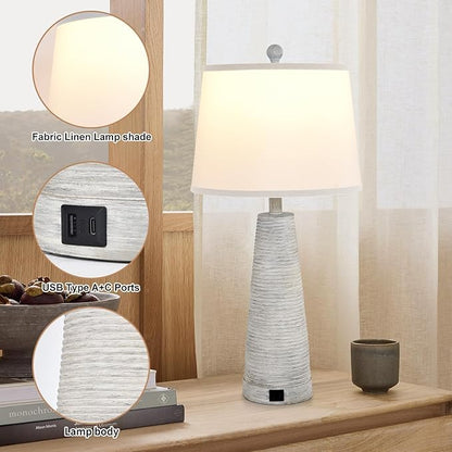Terpsichore Nightstand Lamp Bedside Lamps Set of 2 Vintage Rustic Farmhouse Table Lamp 3 Way Dimmable Horizontal Stripe Light,for Living Room Bedroom,USB A+C (White, High 27 Inch)